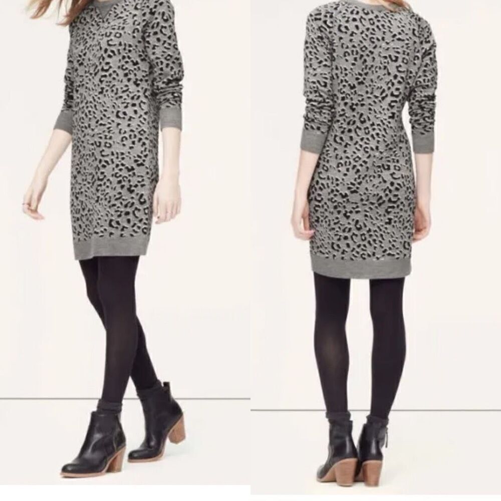 Ann Taylor LOFT Gray Leopard Animal Print Sweater Dress Wool Blend Small